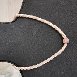 Pink Necklace 3 Strands Twisted Faux Pearls With Rhinestone Bead Charm Choker